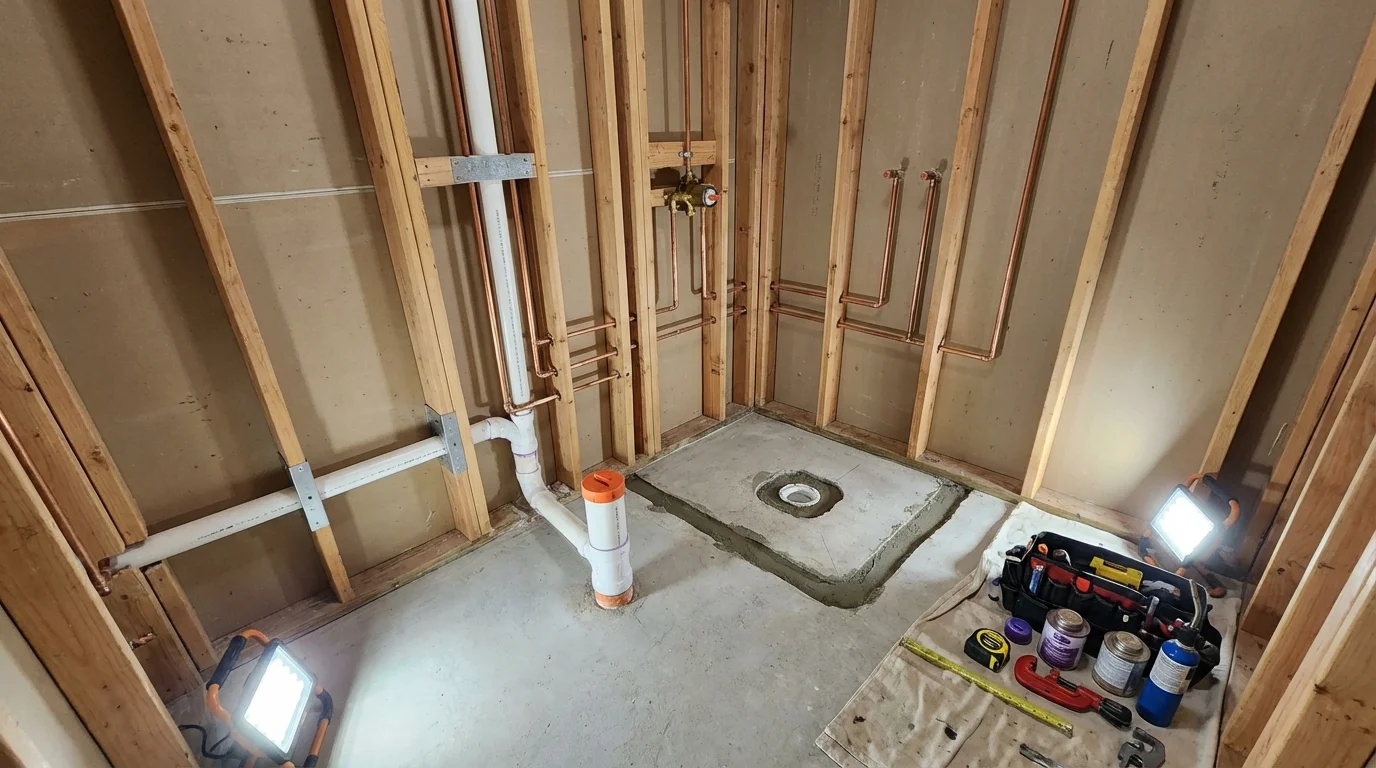 Bathroom rough-in plumbing during remodel by Johns Plumbing LLC in West Boylston