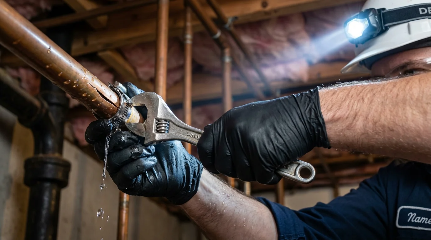 Emergency pipe clamp repair being performed by a Johns Plumbing LLC plumber in West Boylston