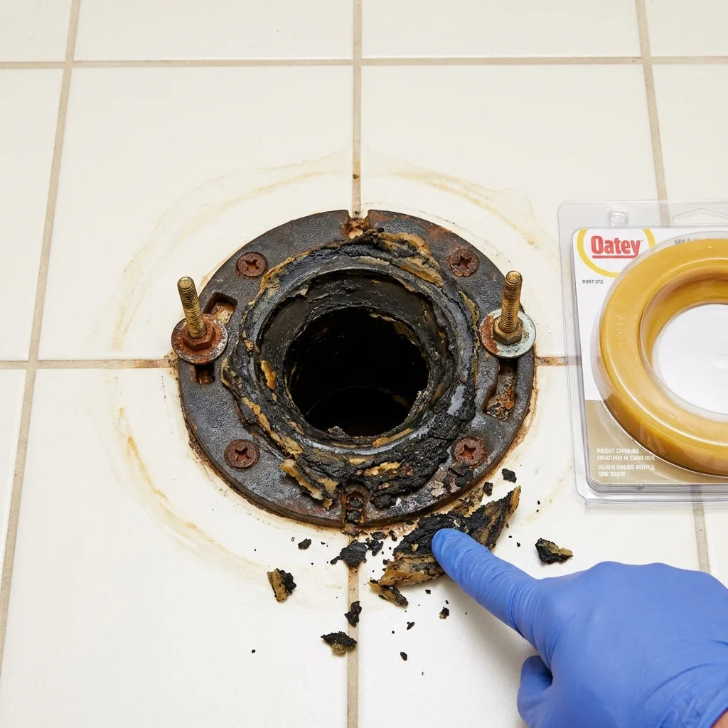 Failed wax ring showing water seepage at the base of a toilet in a West Boylston, MA home