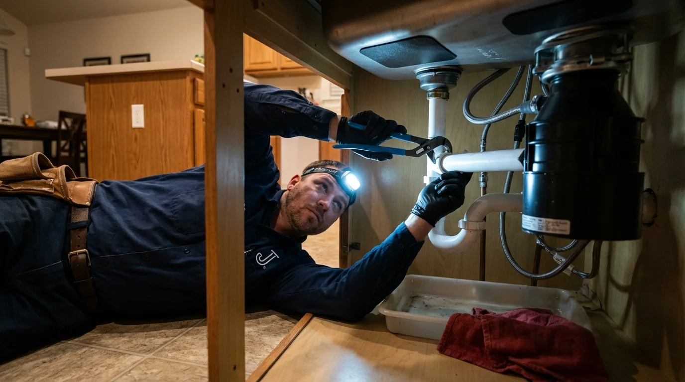P-trap and supply line connections under a kitchen sink showing a common leak point in West Boylston, MA